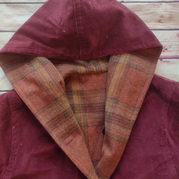 The J Peterman Co Women's Reversible Wool Corduroy Coat Size Medium Plaid Maroon - Picture 4 of 10